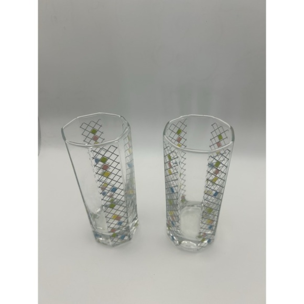 MCM Clear Glass Highball Tumblers with Multicolor Diamond Pattern (Pair) - Picture 3 of 8